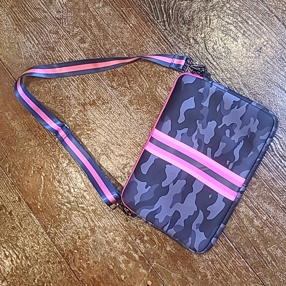 HAUTE SHORE Pink and Black Laptop Bag with Camouflage Design